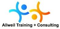 Zwei stilisierte Figuren in Blau und Orange, Text: Allweil Training + Consulting.