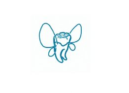 Illustration eines fliegenden Zahns mit Flügeln und Gesicht in blauen Linien auf weißem Hintergrund.