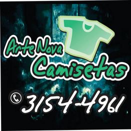 Cartaz da "Arte Nova Camisetas" com telefone: 3154-4961. Fundo azul-escuro e verde.