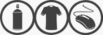Drei Symbole: Spraydose, T-Shirt und Computermaus, jeweils in einem eigenen Kreis dargestellt.