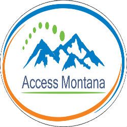 Logo with blue mountains, green dots, orange and blue arcs, and text: "Access Montana."