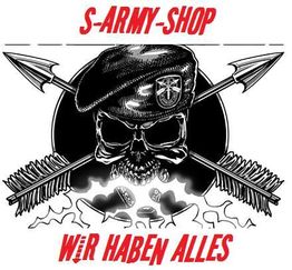 Schwarz-weißer Totenkopf mit Mütze und Pfeilen. Text: "S-Army-Shop. Wir haben alles".