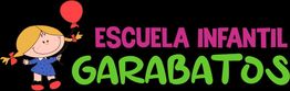 Niña con globo rojo junto a texto: "Escuela Infantil Garabatos" en fondo negro.