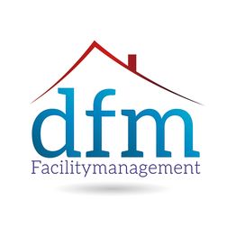Logo von "dfm Facilitymanagement" mit Hausdach über den Buchstaben.
