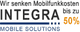 Werbung von Integra, die Mobilfunkkosten um bis zu 50% senkt.