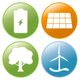 Vier bunte Symbole: Batterie, Solarpanel, Baum und Windrad, auf runden Hintergründen.