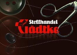Logo mit Schere, Knöpfen und Schriftzug "Stoffhandel Gädtke" auf braunem Hintergrund.