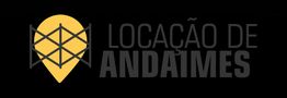 Logo com ícone de ponto amarelo e texto: "Locação de Andaimes" em preto sobre fundo preto.