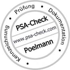 Runder Stempel mit Text: PSA-Check, Prüfung, Dokumentation, Kennzeichnung, Poelmann.