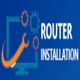 Illustration of router installation with gears and a wrench on a blue background.