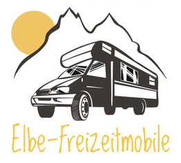 Wohnmobil-Logo mit Berg, Sonne und "Elbe-Freizeitmobile"-Schriftzug in gelb.
