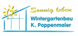 Logo: Sonnig leben Wintergartenbau K. Poppenmaier mit Sonne und Wintergarten-Skizze.
