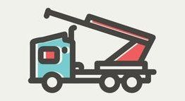 Illustration of a blue dump truck with a red bed raised against a light background.