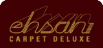 Logo mit goldenem Text "ehsan Carpet Deluxe" auf dunkelrotem Hintergrund.
