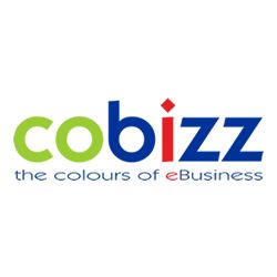 Cobizz-Logo mit dem Slogan "the colours of eBusiness" in Grün, Blau und Rot.