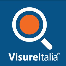 Logo di Visure Italia con lente d'ingrandimento e cerchio arancione su sfondo blu.