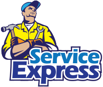 Illustration of worker with tools on logo reading "Service Express."