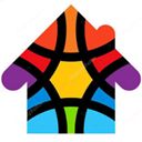 Ícone de casa colorida com padrão de vitral em várias cores.