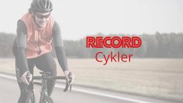 Cyklist i orange vest på landevej, tekst: "RECORD Cykler" i rødt.
