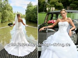 Braut im weißen Kleid auf Brücke und vor einem Oldtimer, jeweils mit Brautstrauß.