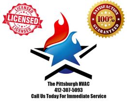 HVAC logo with flames, licensed and satisfaction guaranteed badges, and contact number.