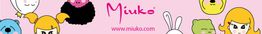 Bunte Cartoon-Gesichter auf rosa Hintergrund, Text: "Miuko" und Website "www.miuko.com".