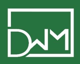 White geometric DWM logo on a green background.