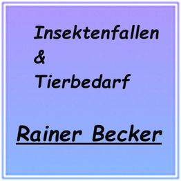 Text auf blauem Hintergrund: "Insektenfallen & Tierbedarf Rainer Becker".