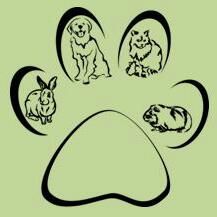 Pfotenabdruck mit Hund, Katze, Kaninchen und Meerschweinchen auf grünem Hintergrund.