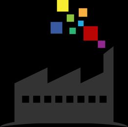 Fabbrica stilizzata con quadrati colorati in uscita dal camino su sfondo nero.