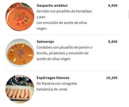 Menú con Gazpacho, Salmorejo y Espárragos blancos, con precios y descripciones en español.