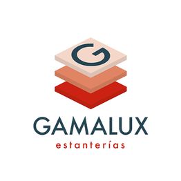 Logotipo de Gamalux Estanterías con un diseño de capas en tonos rojos y rosados.