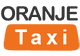 Tekst logo met "ORANJE" in zwart en "Taxi" in wit op een oranje achtergrond.