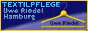 Textilpflege-Logo, gelber Kleiderbügel, Text: "Uwe Riedel, Hamburg".