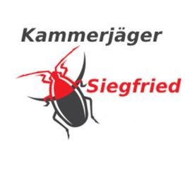 Schwarze und rote Kakerlake mit Schriftzug "Kammerjäger Siegfried" in Grau und Rot.