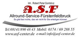 A.S.F Logo mit Kontaktinformationen und Slogan: "Es gibt fast nichts, das wir nicht für Sie erledigen können."