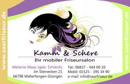 Visitenkarte eines mobilen Friseursalons mit Kontaktdaten und Logo einer stilisierten Frau.