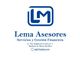 Logo de Lema Asesores con dirección y teléfono en texto azul sobre fondo blanco.