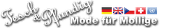 Logo von "Fesch & Pfundig" mit Flaggen und dem Text "Mode für Mollige".