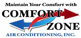 "Comfort Zone Air Conditioning logo with red and blue arrows and the slogan 'Maintain Your Comfort'."