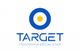 Logo di Target Fisioterapia Specialistica, con cerchio blu e giallo. Scritta blu su sfondo bianco.