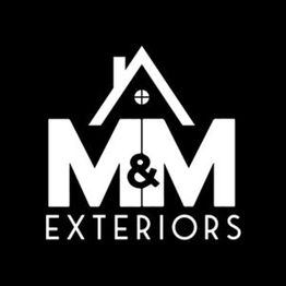 Logo of "M&M Exteriors" with a house roof and window design on a black background.