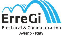 Logo di ErreGi, azienda elettrica e comunicazione, Aviano, Italia, con archi blu stilizzati.