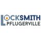 Text logo: Locksmith Pflugerville with a padlock inside the letter "O".