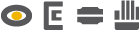 Vier graue Symbole: Auge, Buchstabe E, Drucker, Balkendiagramm.