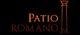 Texto "Patio Romano" con una columna romana en fondo negro, tonos naranjas y rojos.