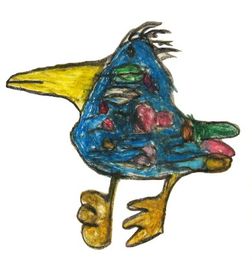Bunt gezeichneter Vogel mit gelbem Schnabel und Füßen auf weißem Hintergrund.