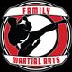 Silhouette of a martial artist kicking inside a red circle, text reads "Family Martial Arts".