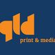 Logo van gld print & media, in oranje op een donkerblauwe achtergrond.