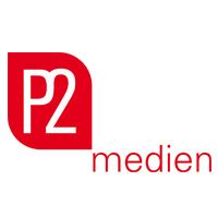 Rotes P2-Medien-Logo mit stilisiertem Schildmotiv.